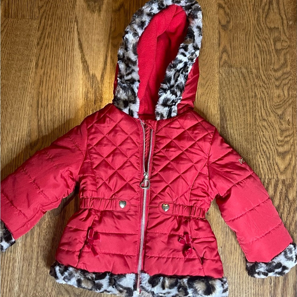 Chic Kids Red Puffer Jacket with Leopard Accents